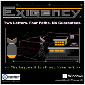 "Exigency text adventure game — Windows edition product image" Product image for the Windows version in the store.
